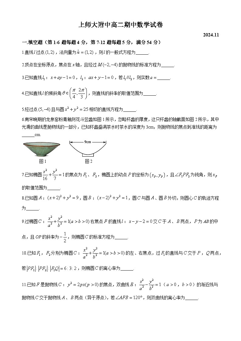 上海市上海师范大学附属中学2024-2025学年高二上学期期中考试数学试卷(无答案)第1页