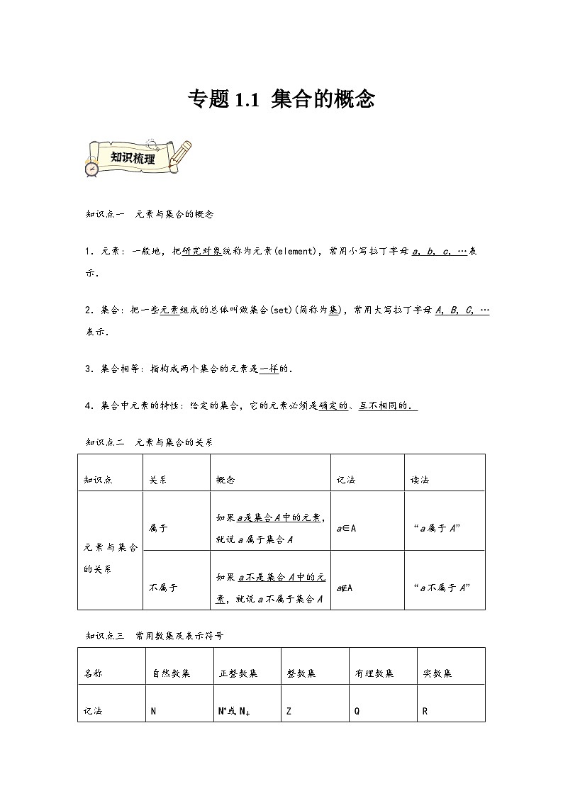 (人教A版必修第一册)高一数学知识梳理与题型分层精练专题1.1集合的概念(原卷版+解析)第1页