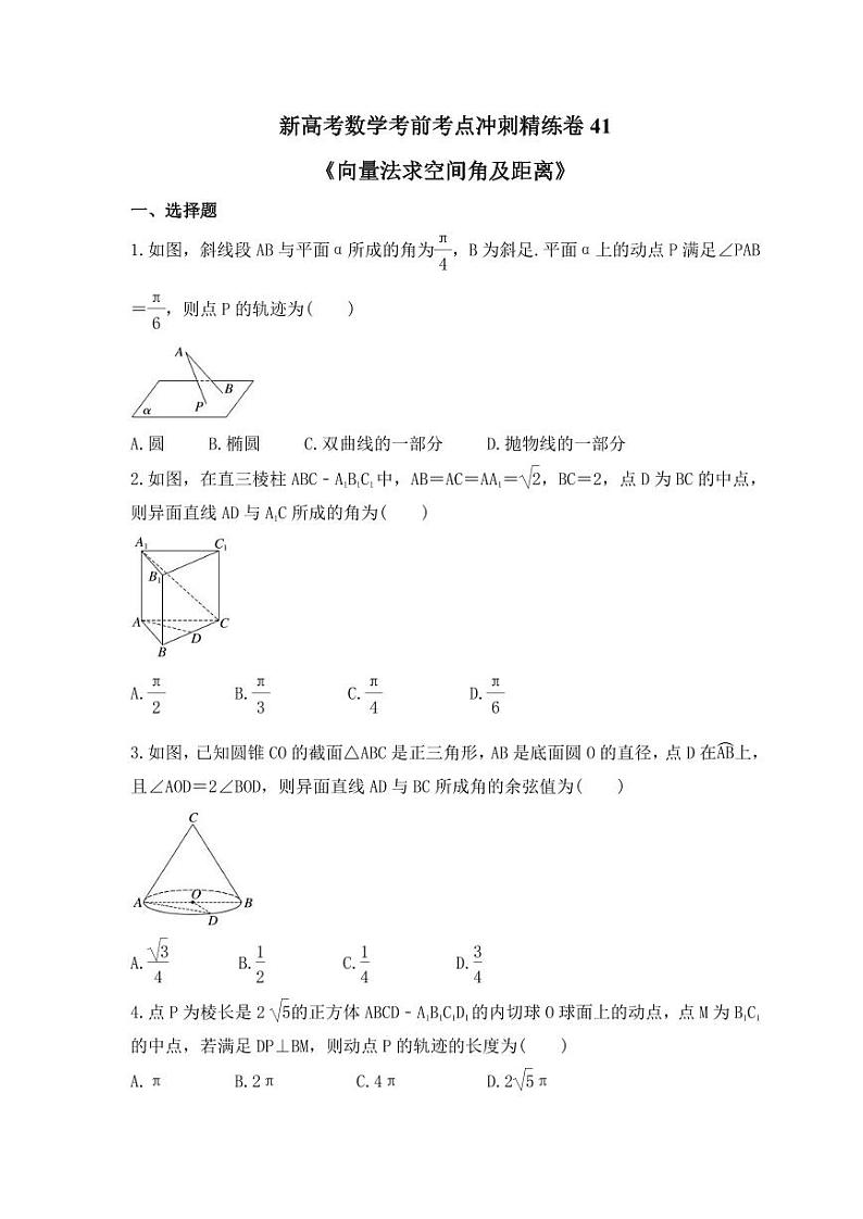 新高考数学考前考点冲刺精练卷41《向量法求空间角及距离》(原卷版)第1页