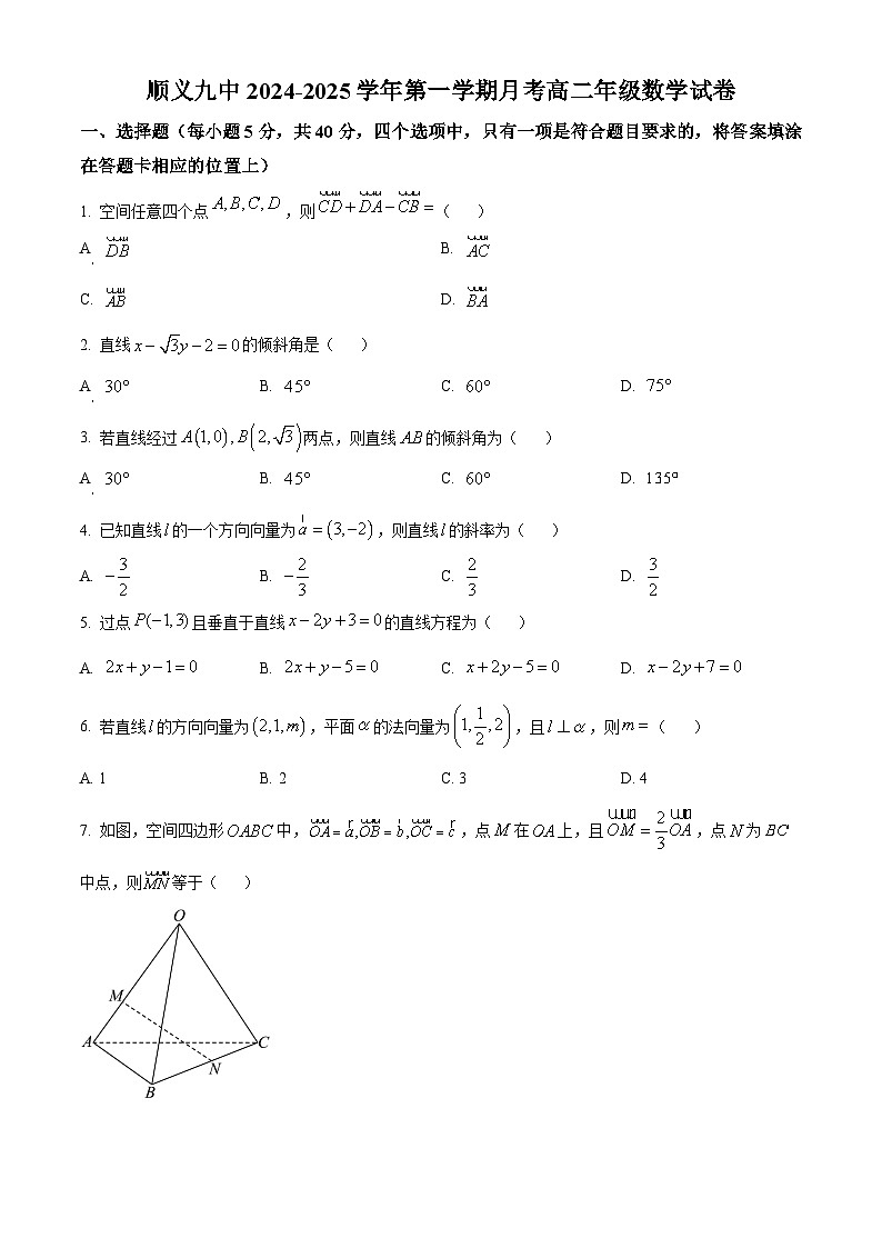 北京市顺义区第九中学2024-2025学年高二上学期10月月考数学试卷 Word版无答案第1页