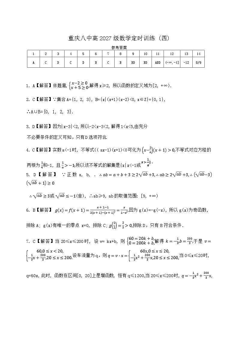 重慶市第八中學(xué)校2024-2025學(xué)年高一上學(xué)期數(shù)學(xué)定時(shí)訓(xùn)練(四)答案解析第1頁