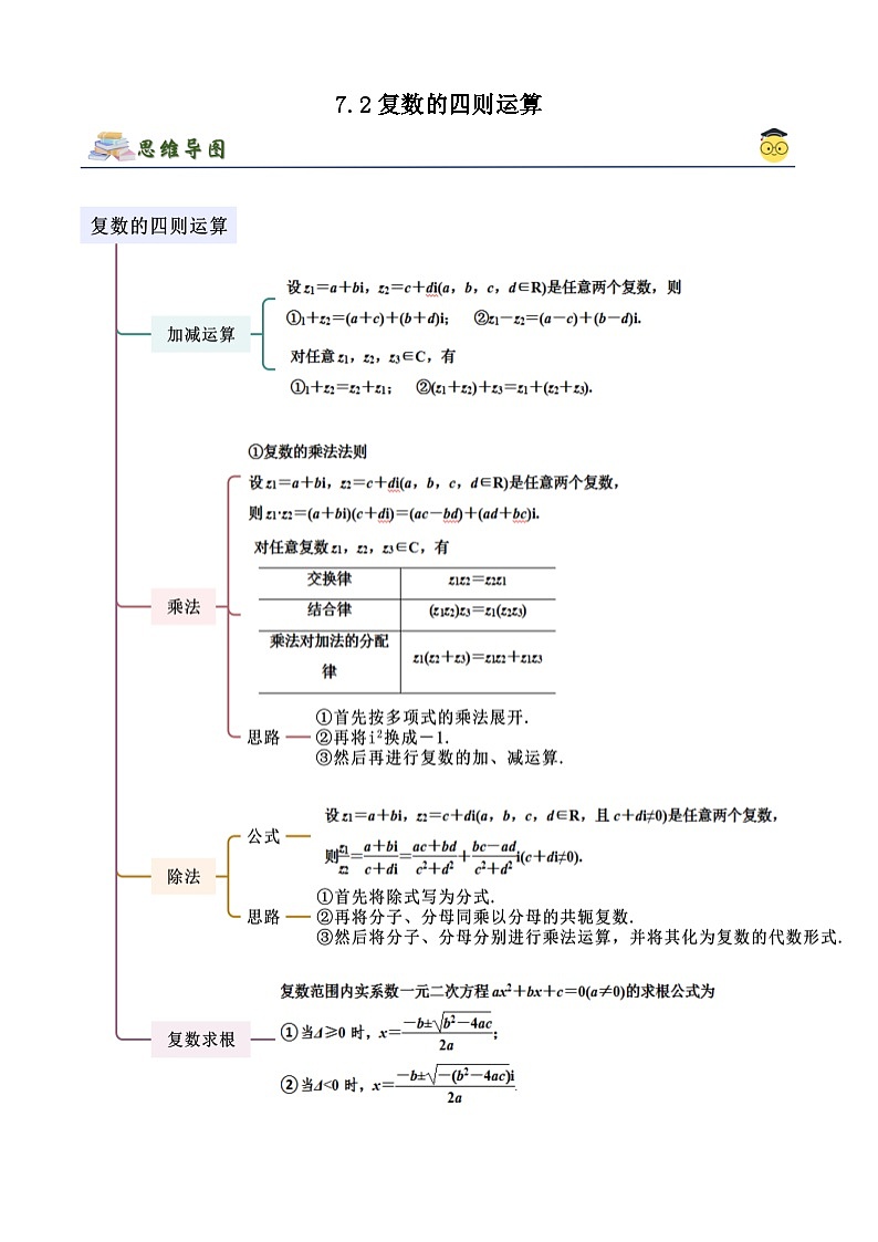 人教版高中数学必修二 精讲精练7.2 复数的四则运算(解析版) 第1页
