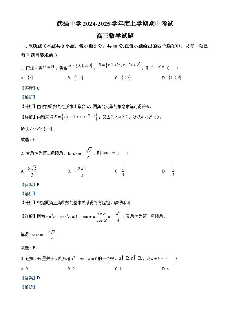 河北省衡水市武强中学2025届高三上学期期中考试数学试题含解析第1页