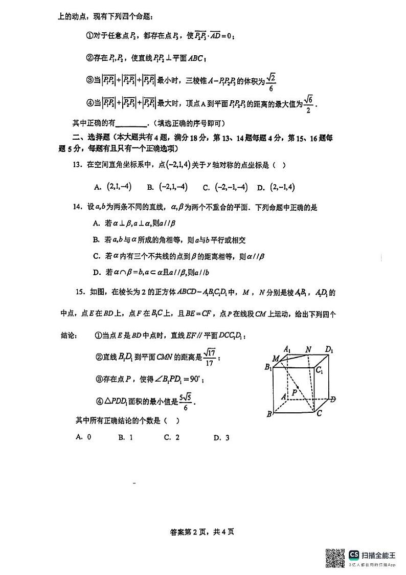 上海市上海师范大学附属中学闵行分校2024-2025学年高二上学期期中联考数学试题第2页