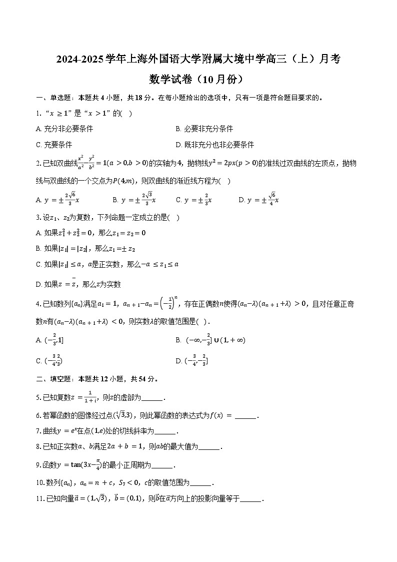 2024-2025学年上海外国语大学附属大境中学高三(上)月考数学试卷(10月份)(含答案)第1页