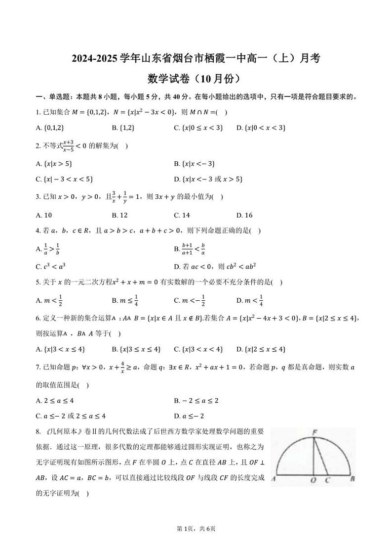 2024~2025学年山东省烟台市栖霞一中高一(上)月考数学试卷(10月份)(含答案)01