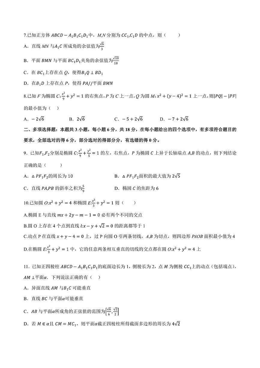 福建省南平市武夷山第一中学2024~2025学年高二上学期期中考试数学试卷(含答案)第2页