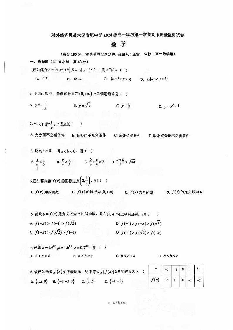 北京市对外经济贸易大学附属中学2024-2025学年高一上学期期中质量监测数学试题第1页