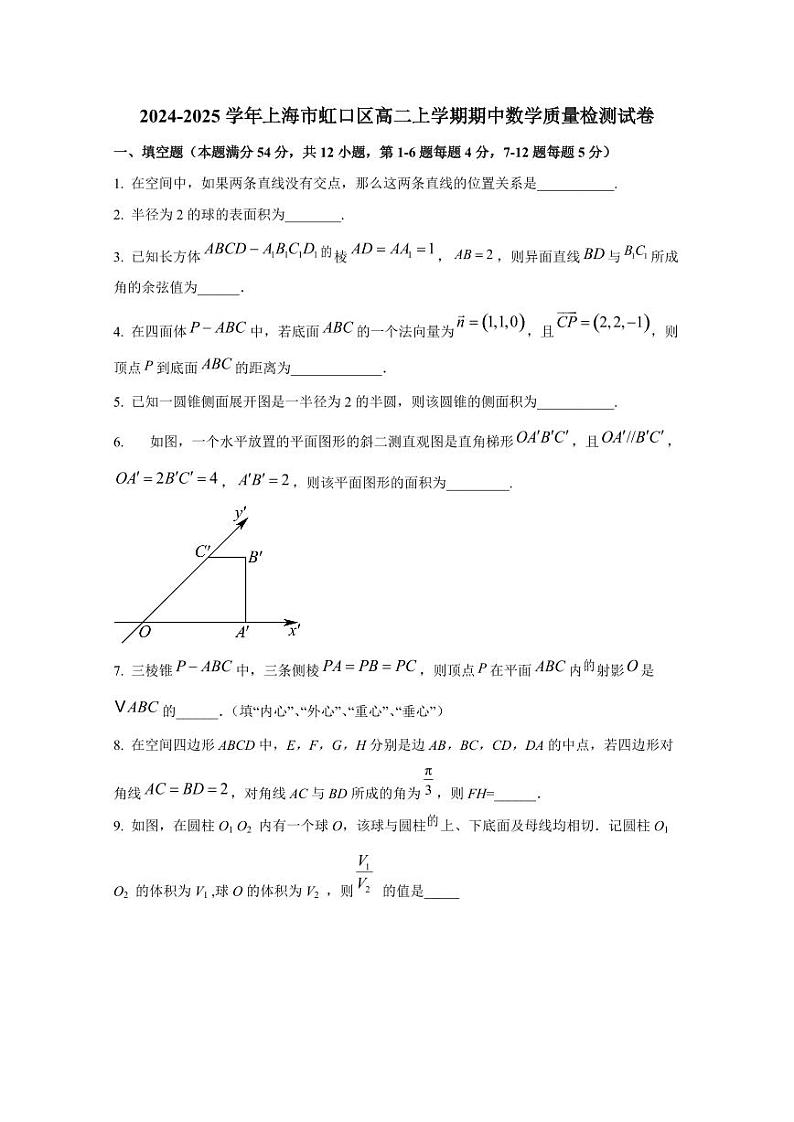 2024-2025学年上海市虹口区高二上学期期中数学质量检测试卷(含解析)第1页