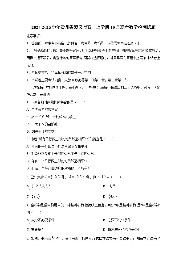 2024-2025学年贵州省遵义市高一上学期10月联考数学检测试题(含解析)第1页