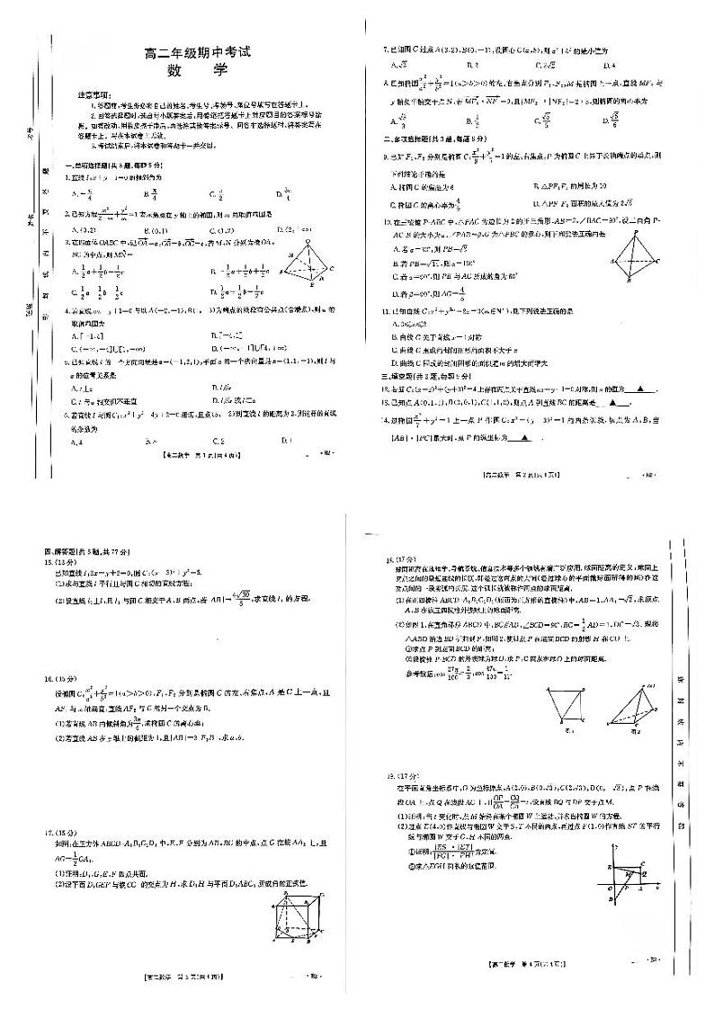 河北省邯郸市2024-2025学年高二年级上学期期中数学试卷第1页