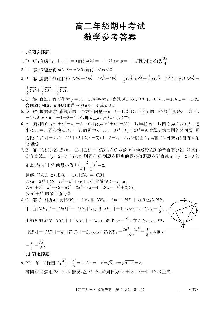 河北省邯郸市2024-2025学年高二年级上学期期中数学试卷答案第1页