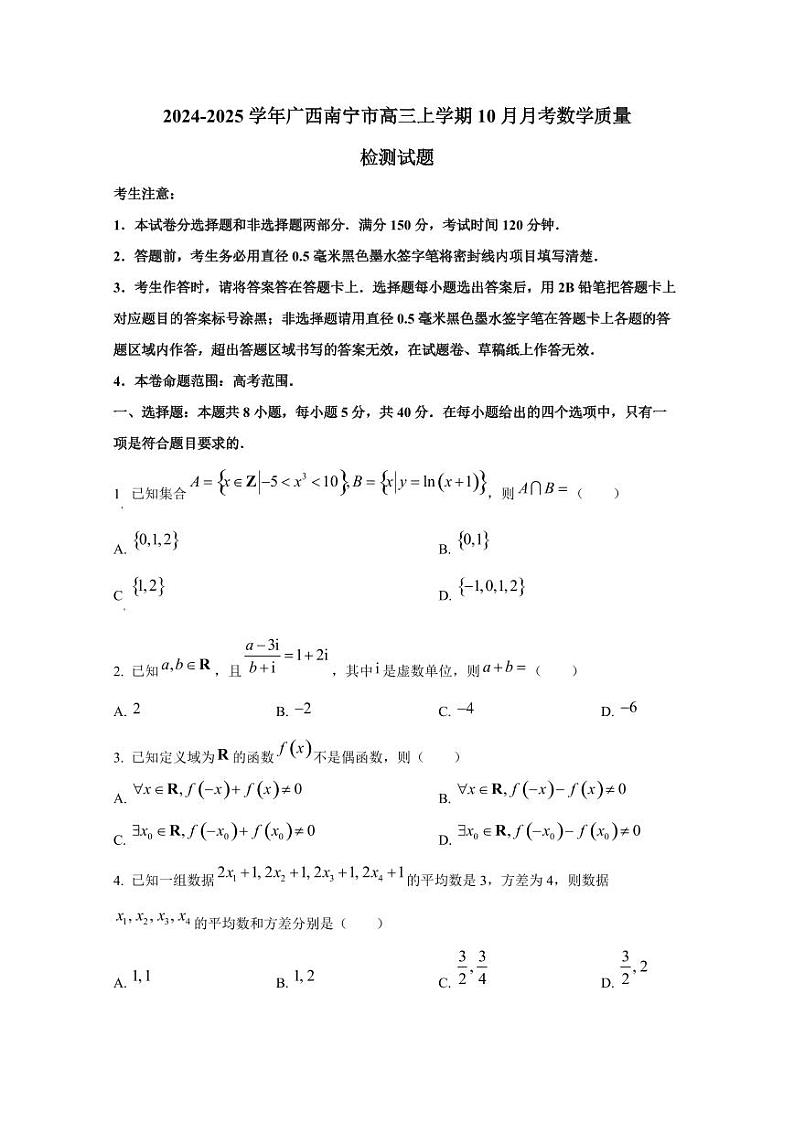 2024-2025学年广西南宁市高三上学期10月月考数学质量检测试题(含解析)第1页