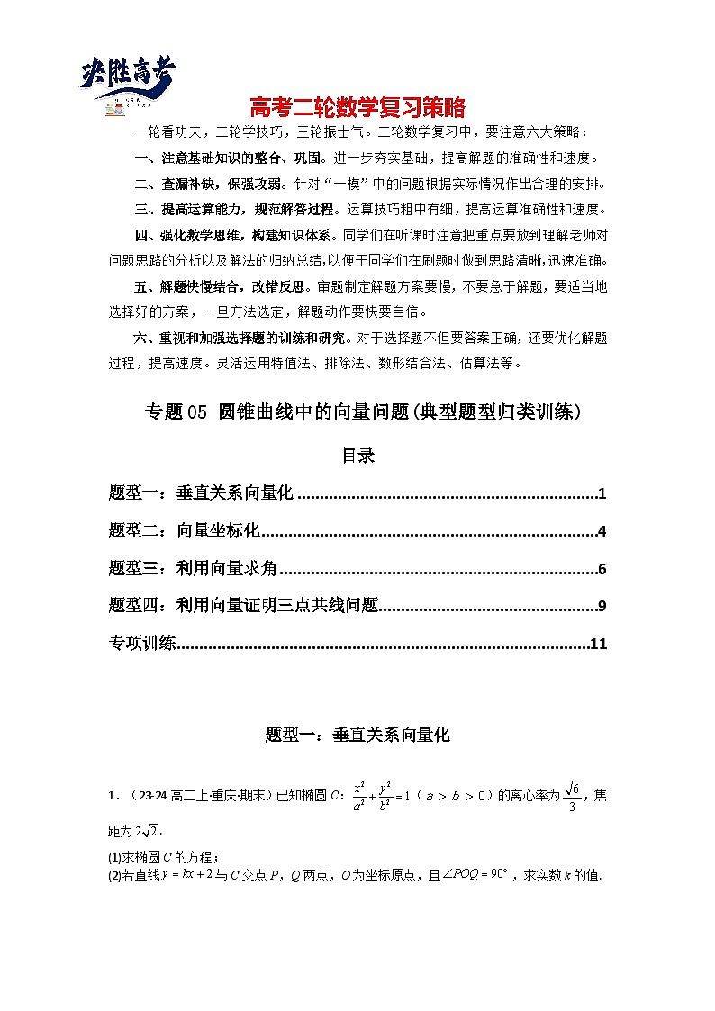 专题05 圆锥曲线中的向量问题(典型题型归类训练)(原卷版)第1页