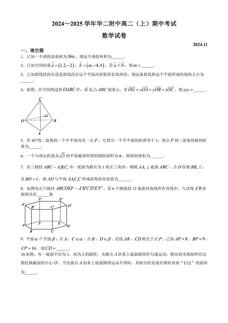 上海市华东师范大学第二附属中学2024~2025学年高二(上)期中数学试卷(含解析)第1页