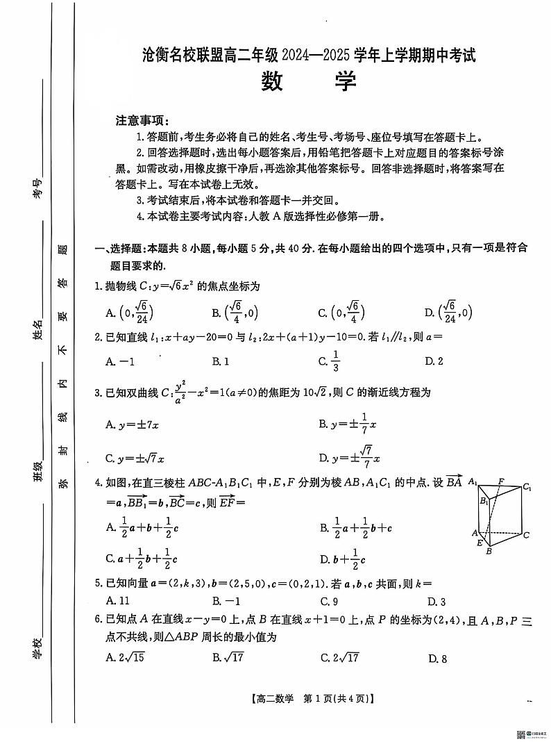 河北省沧州市沧衡名校联盟2024-2025学年高二上学期11月期中数学试题01