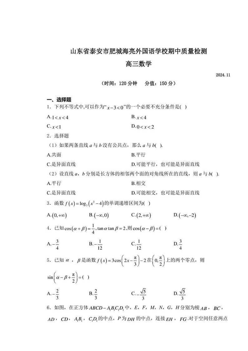 山东省泰安市肥城海亮外国语学校2024~2025学年高三(上)期中质量检测数学试卷(含解析)第1页