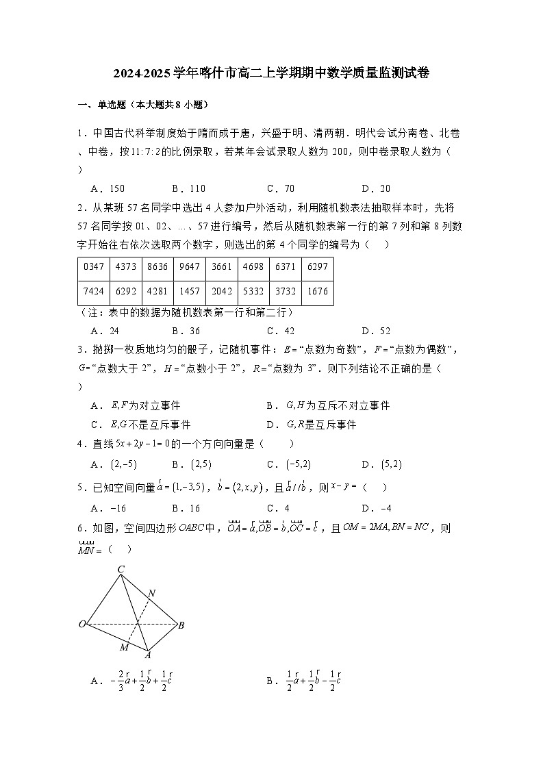 2024-2025学年新疆喀什市高二上学期期中数学质量监测试卷(含解析)第1页