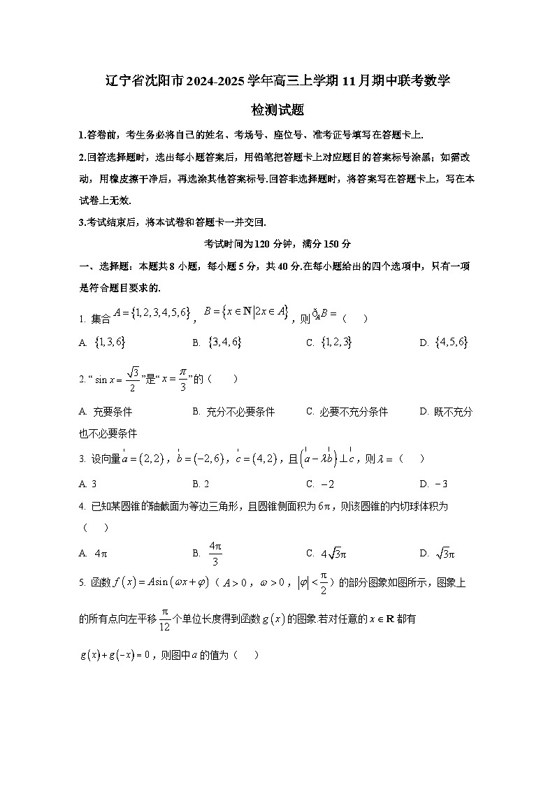辽宁省沈阳市2024-2025学年高三上学期11月期中联考数学检测试题第1页