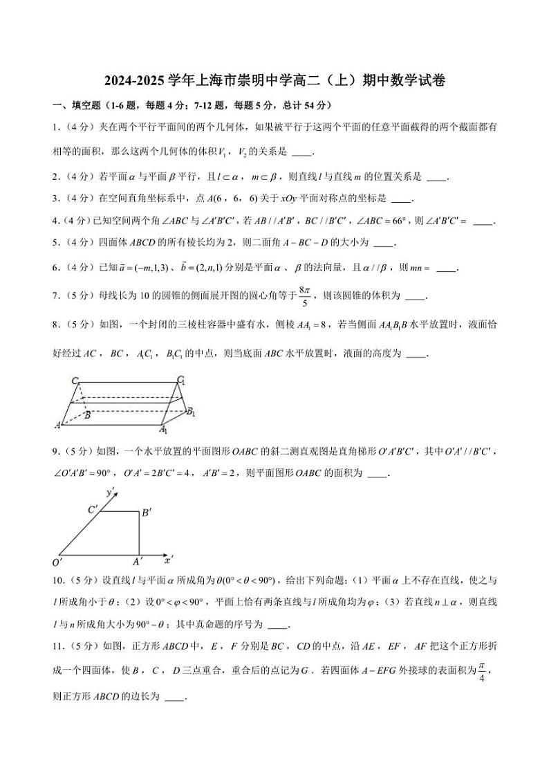 2024~2025学年上海市崇明中学高二(上)期中数学试卷(含解析)第1页