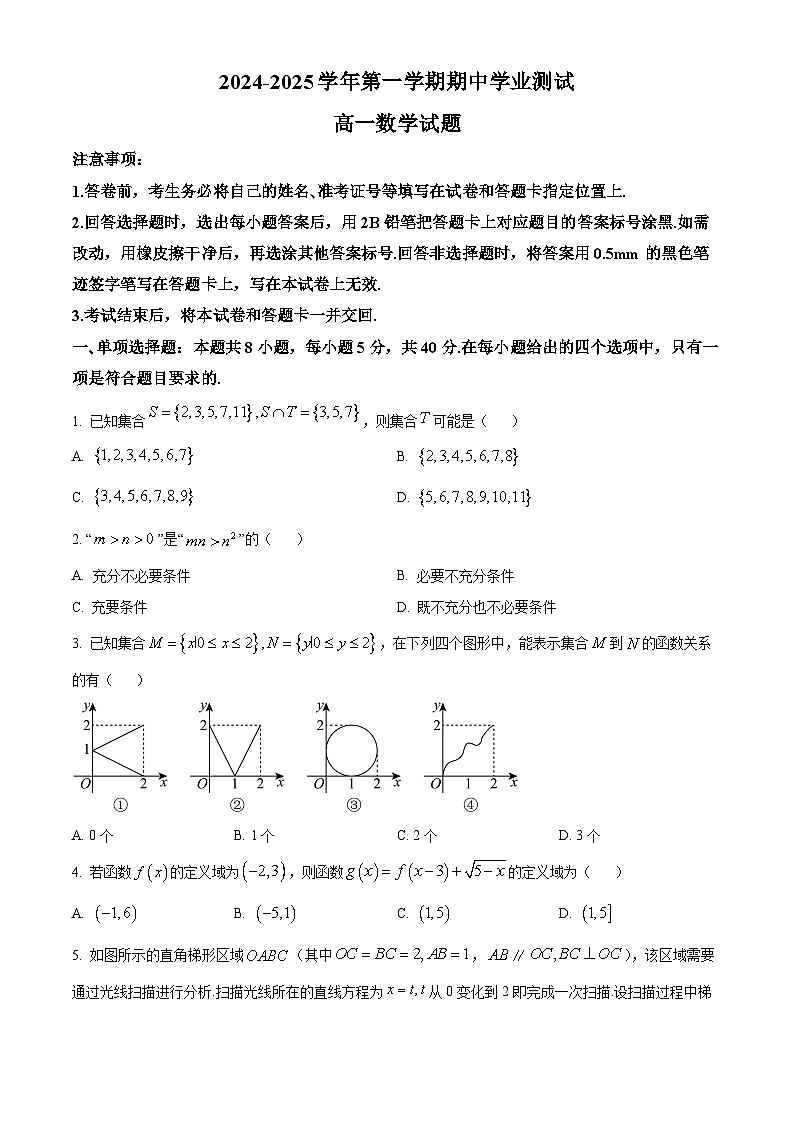 精品解析：山西省晉城市多校2024-2025學年高一上學期期中學業(yè)測試數(shù)學試題（原卷版）第1頁