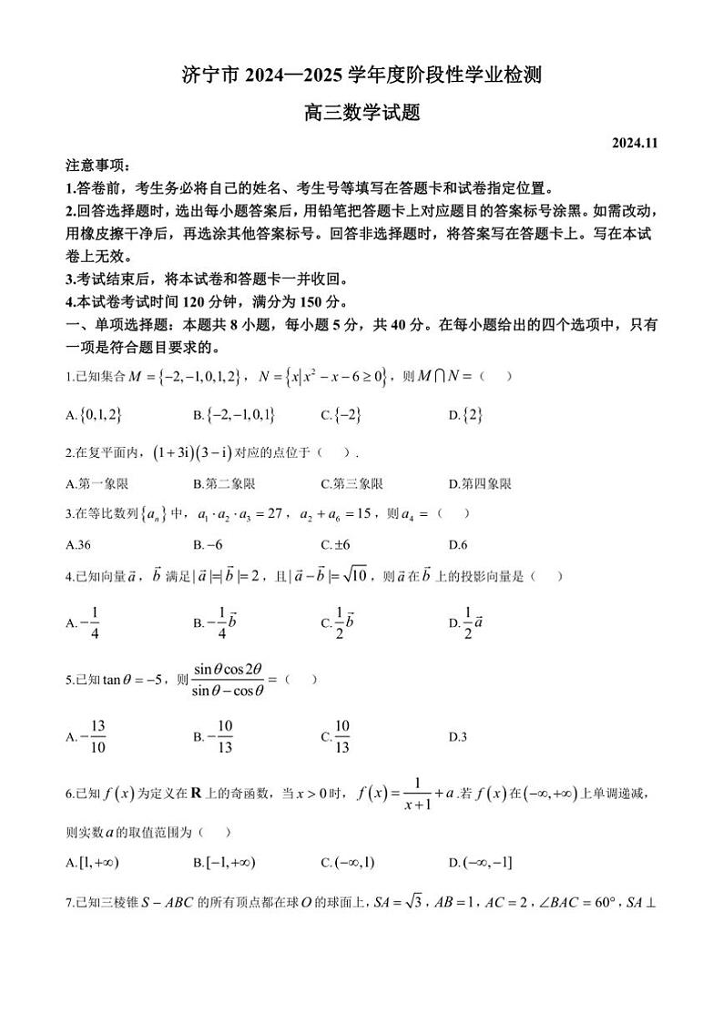 2024~2025学年山东省济宁市高三(上)11月阶段性学业检测数学试卷(含答案)第1页