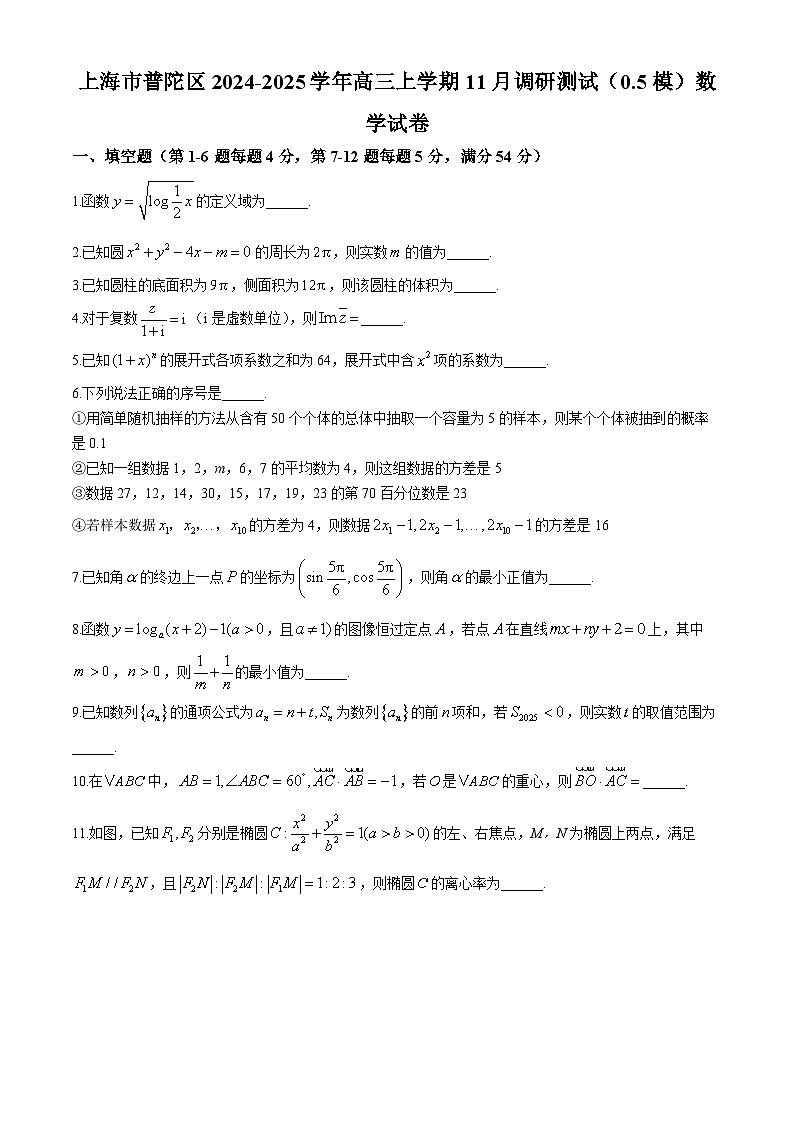 上海市普陀区2024-2025学年高三上学期11月调研测试(0.5模)数学试卷第1页