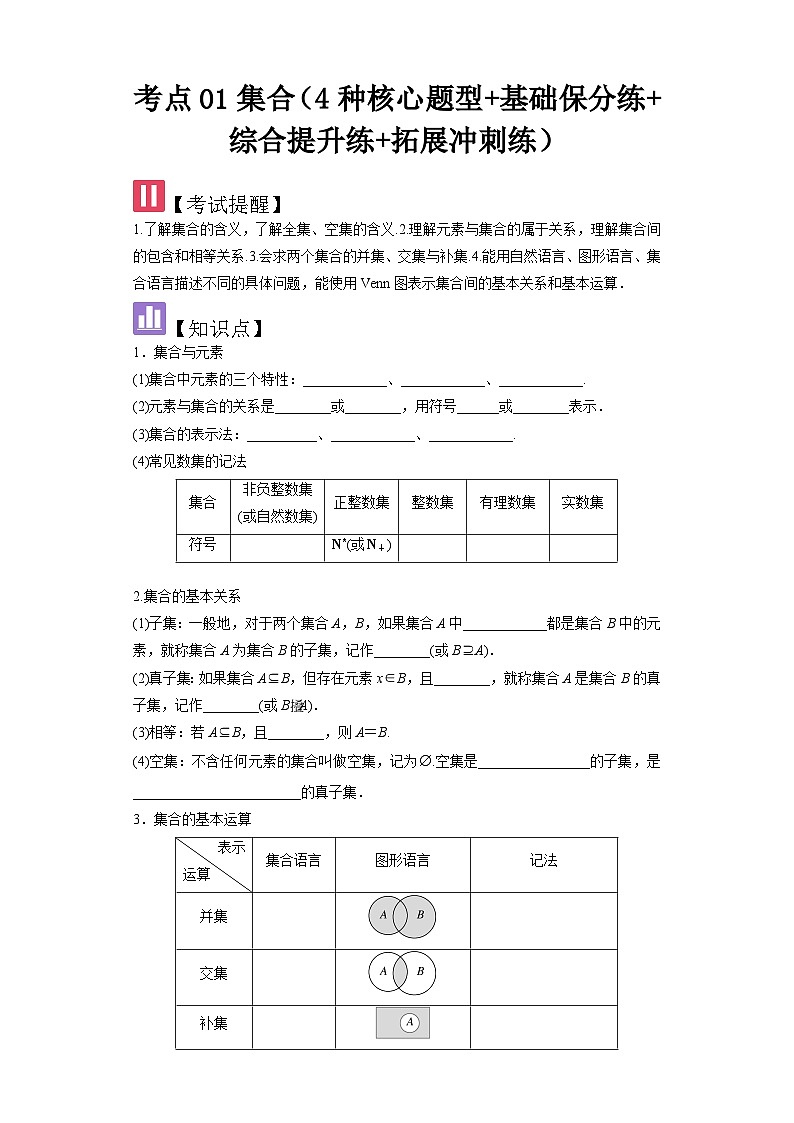考点01集合(4种核心题型+基础保分练+综合提升练+拓展冲刺练)原卷版第1页