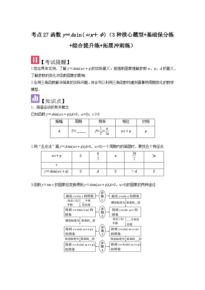 考点27函数y=Asin(ωx+φ)(3种核心题型+基础保分练+综合提升练+拓展冲刺练)原卷版第1页