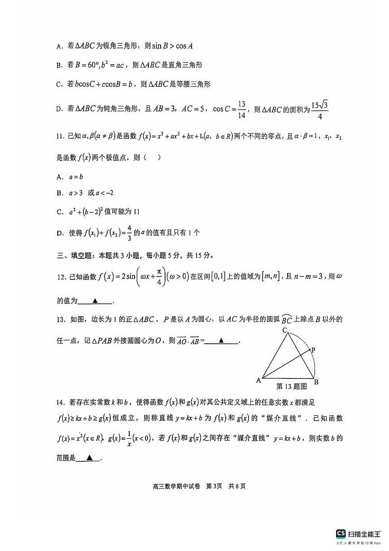 【数学试卷】江苏省苏州市2024-2025学年高三上学期11月期中调研数学试题第3页