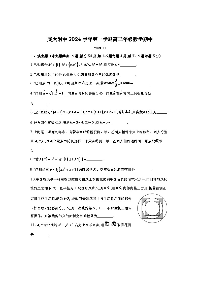 上海市上海交通大学附属中学2024-2025学年高三上学期期中考试数学试卷第1页