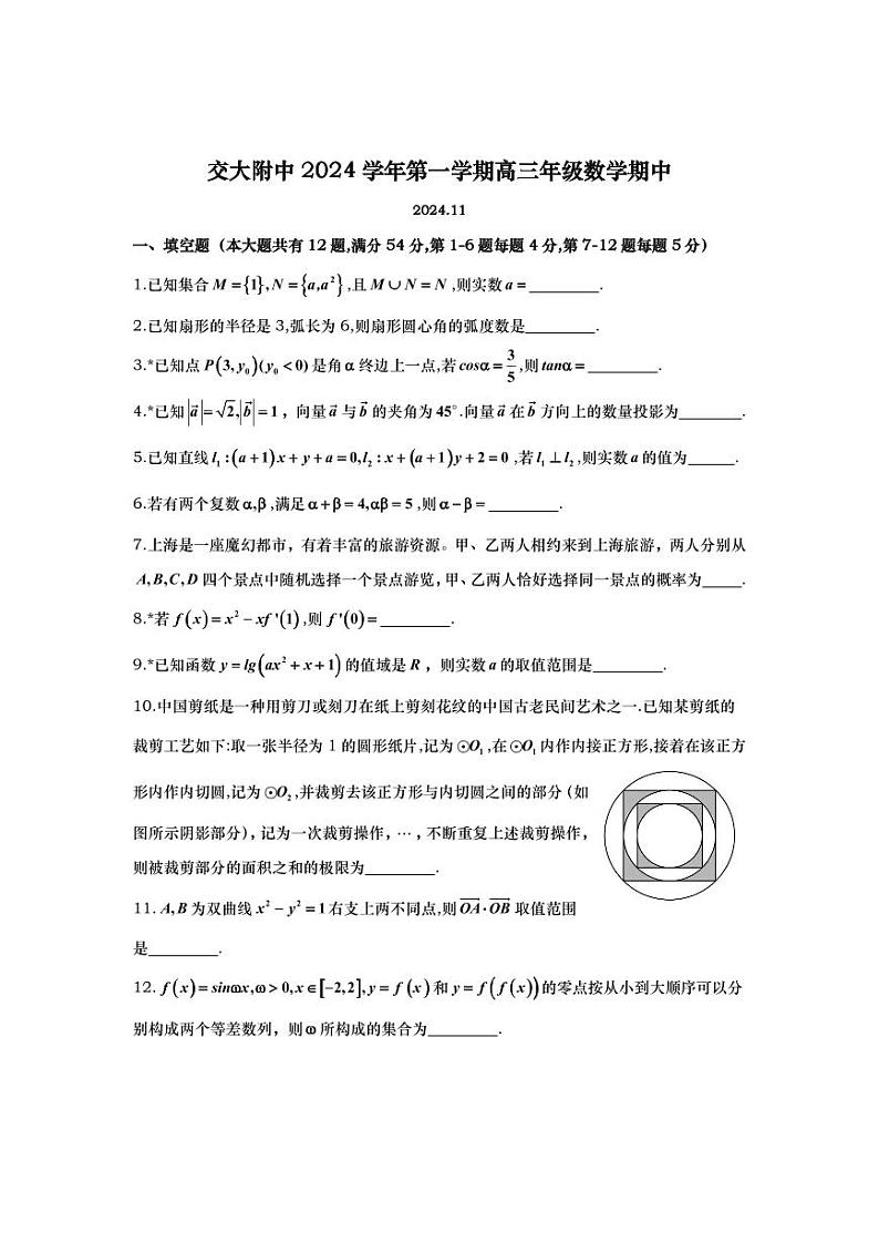 上海市上海交通大学附属中学2024-2025学年高三上学期期中考试数学试卷第1页