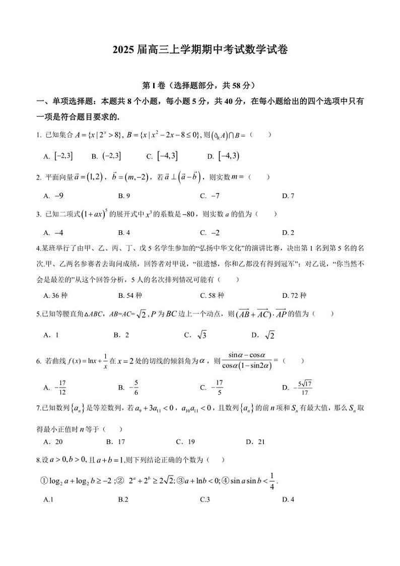 四川省眉山市仁寿第一中学校(北校区)2024~2025学年高三(上)期中数学试卷(含答案)第1页