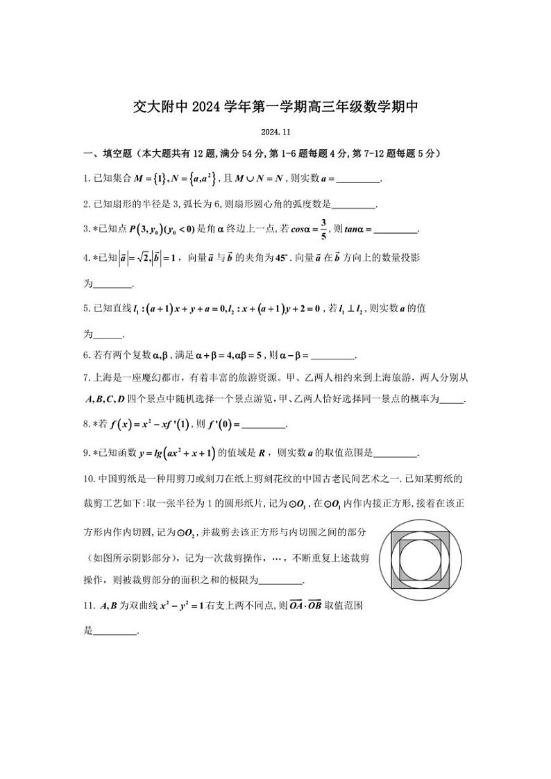 上海市上海交通大学附属中学2024~2025学年高三(上)期中数学试卷(含答案)第1页