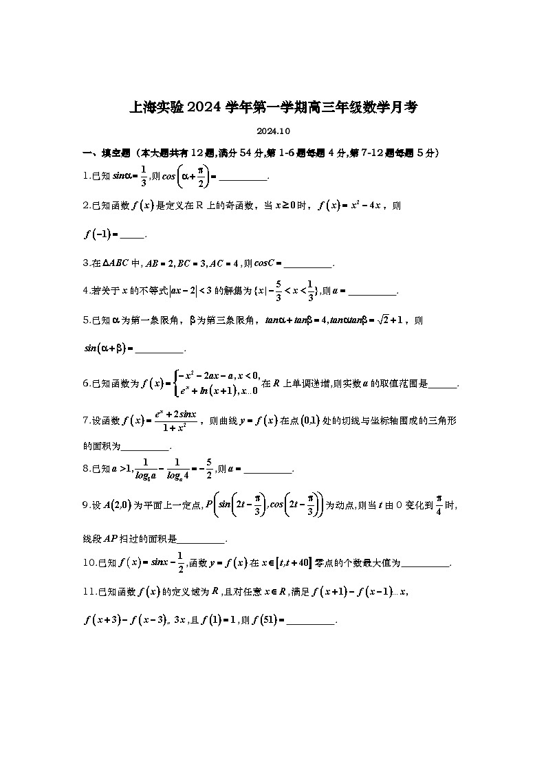 上海市实验学校2024-2025学年高三上学期10月月考数学试题第1页