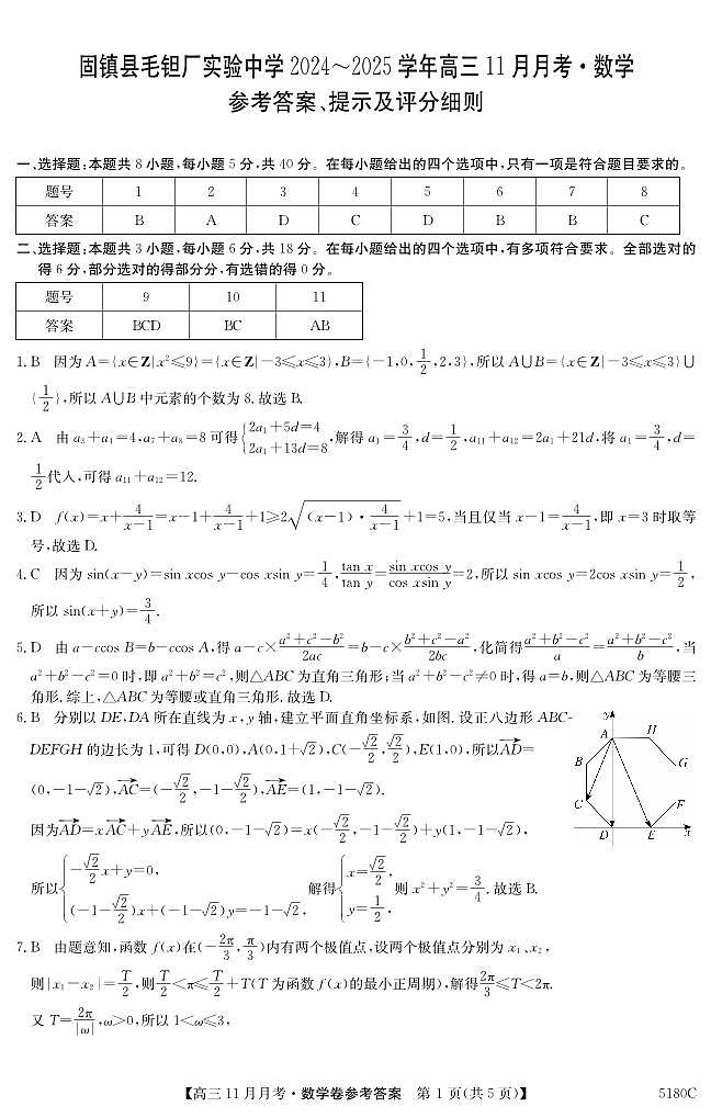 安徽省蚌埠市固镇县毛钽厂实验中学2024-2025学年高三上学期11月月考试数学试题答案第1页