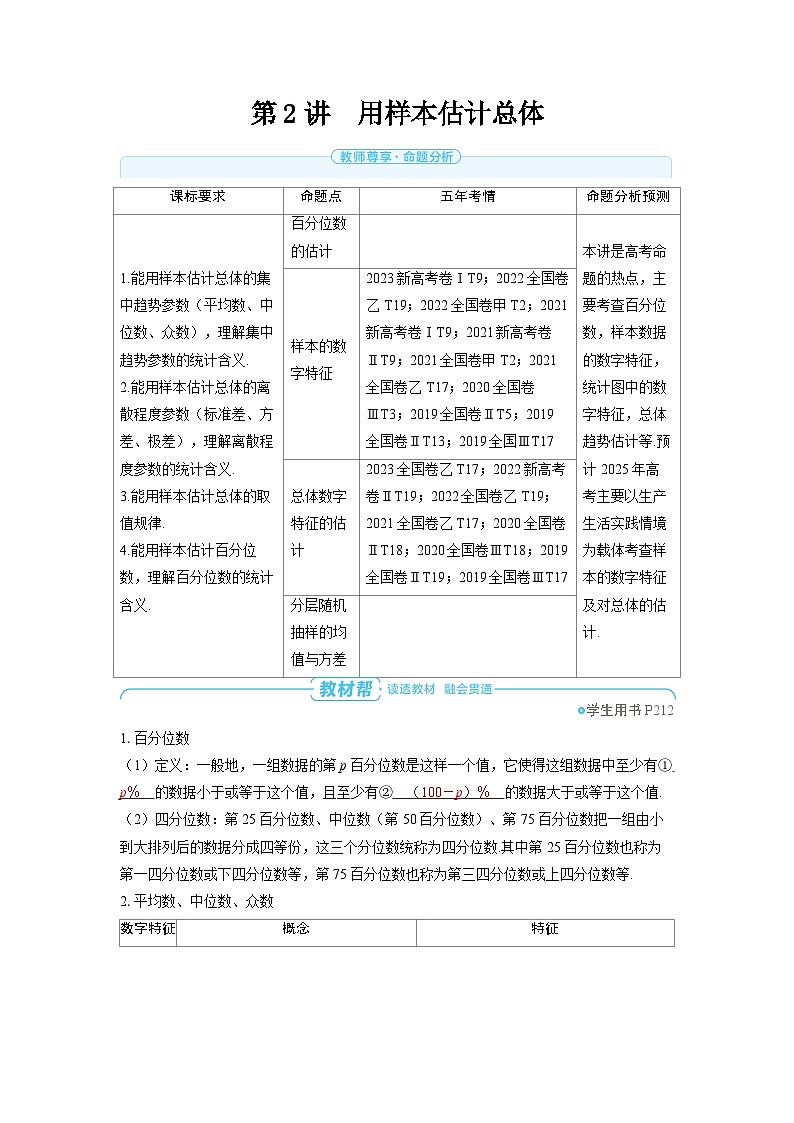 备战2025年高考数学精品教案第九章统计与成对数据的统计分析第2讲用样本估计总体(Word版附解析)第1页