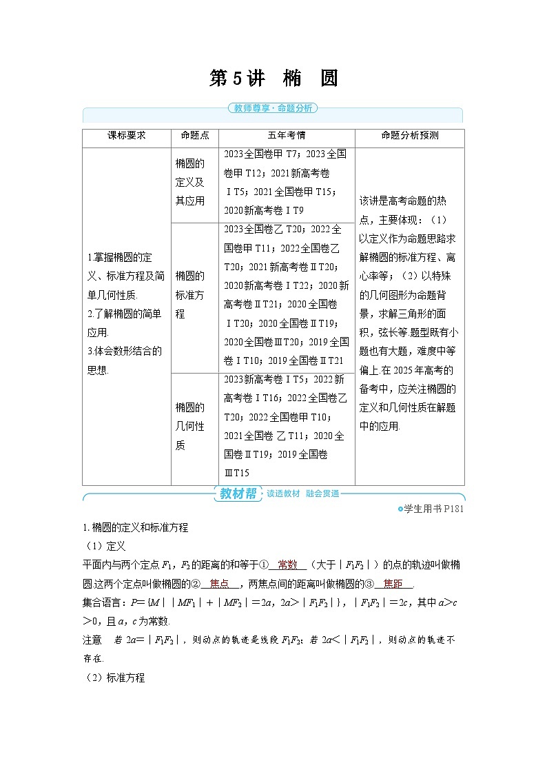 备战2025年高考数学精品教案第八章平面解析几何第5讲椭圆(Word版附解析)第1页