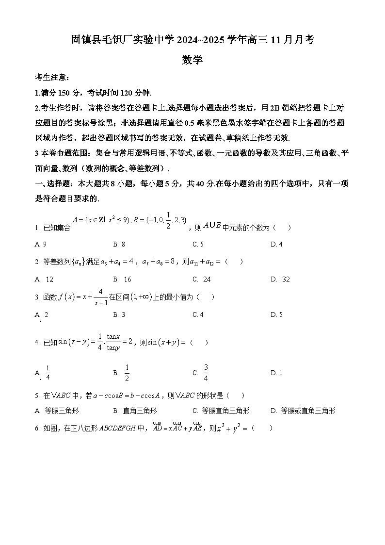安徽毛坦厂实验中学2025届高三11月期中考试数学第1页