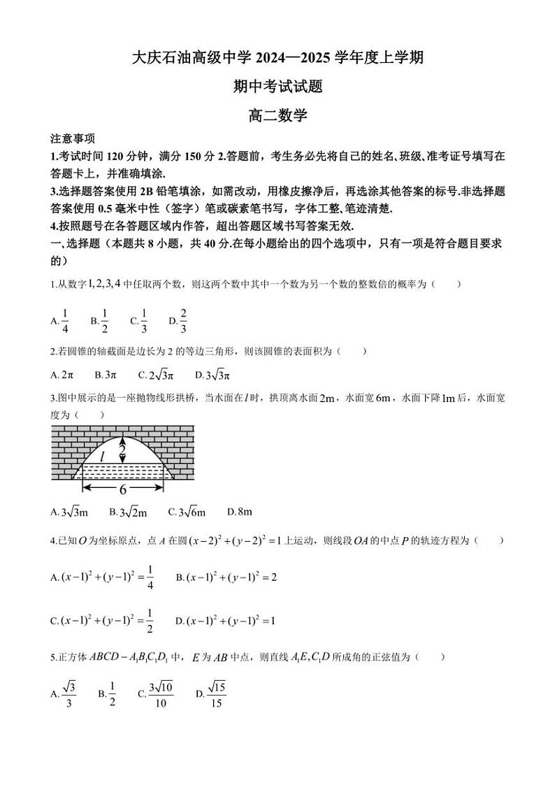 黑龙江省大庆市大庆石油高级中学2024~2025学年高二(上)期中数学试卷(含答案)第1页