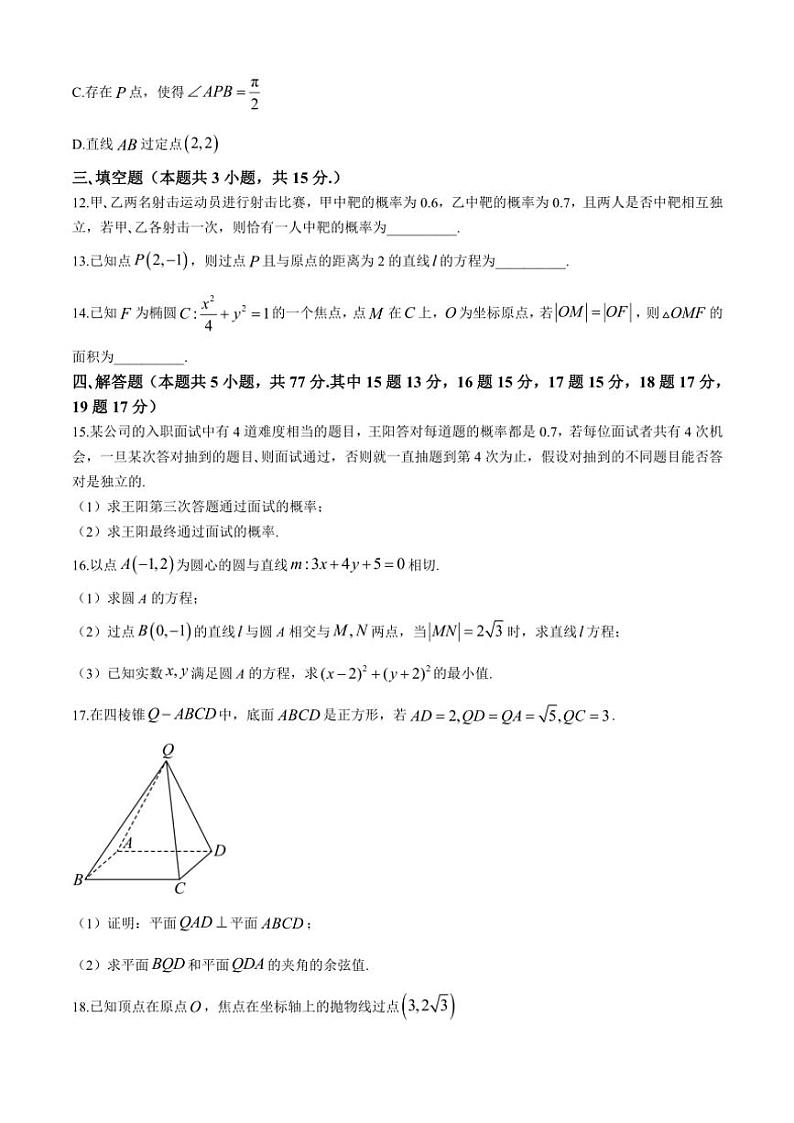 黑龙江省大庆市大庆石油高级中学2024~2025学年高二(上)期中数学试卷(含答案)第3页