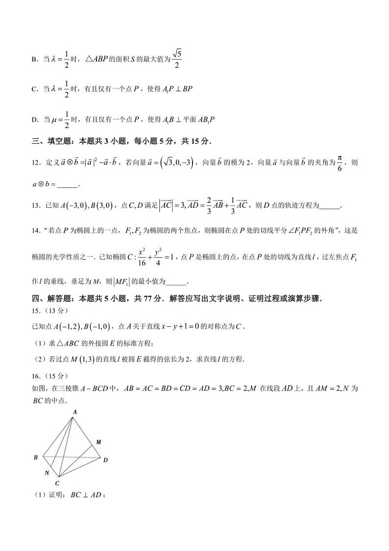 山东省泰安市2024~2025学年高二(上)期中数学试卷(含答案)第3页