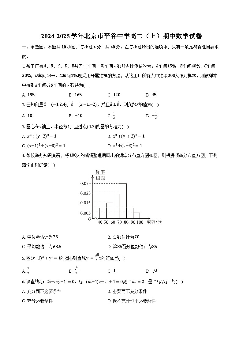 2024-2025学年北京市平谷中学高二(上)期中数学试卷(含答案)第1页