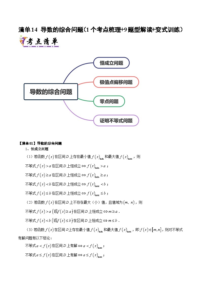 清单14 导数的综合问题(清单 导图  考点  题型  变式 )-2024-2025学年高二数学上学期期末考点(苏教版2019)(原卷版)第1页
