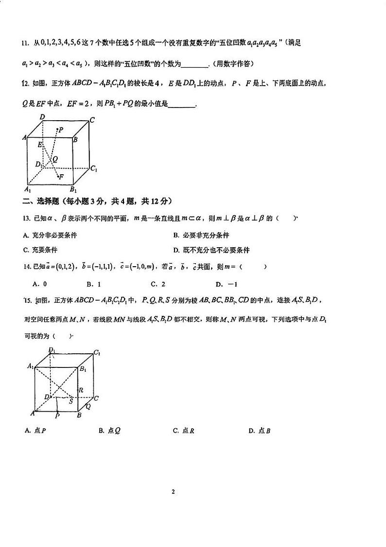 上海市杨思高级中学2024-2025学年高二上学期12月阶段质量检测数学试卷第2页