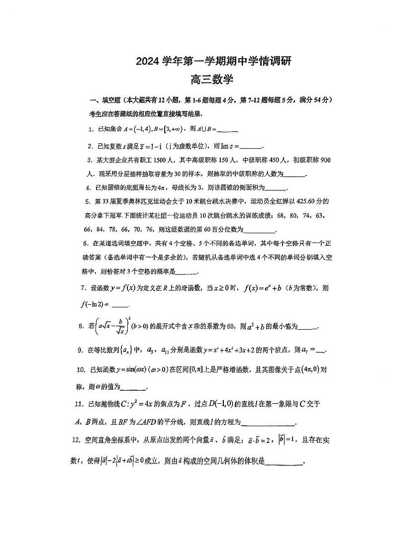 上海外国语大学附属外国语学校松江云间中学2024-2025学年高三上学期期中考试数学试卷第1页