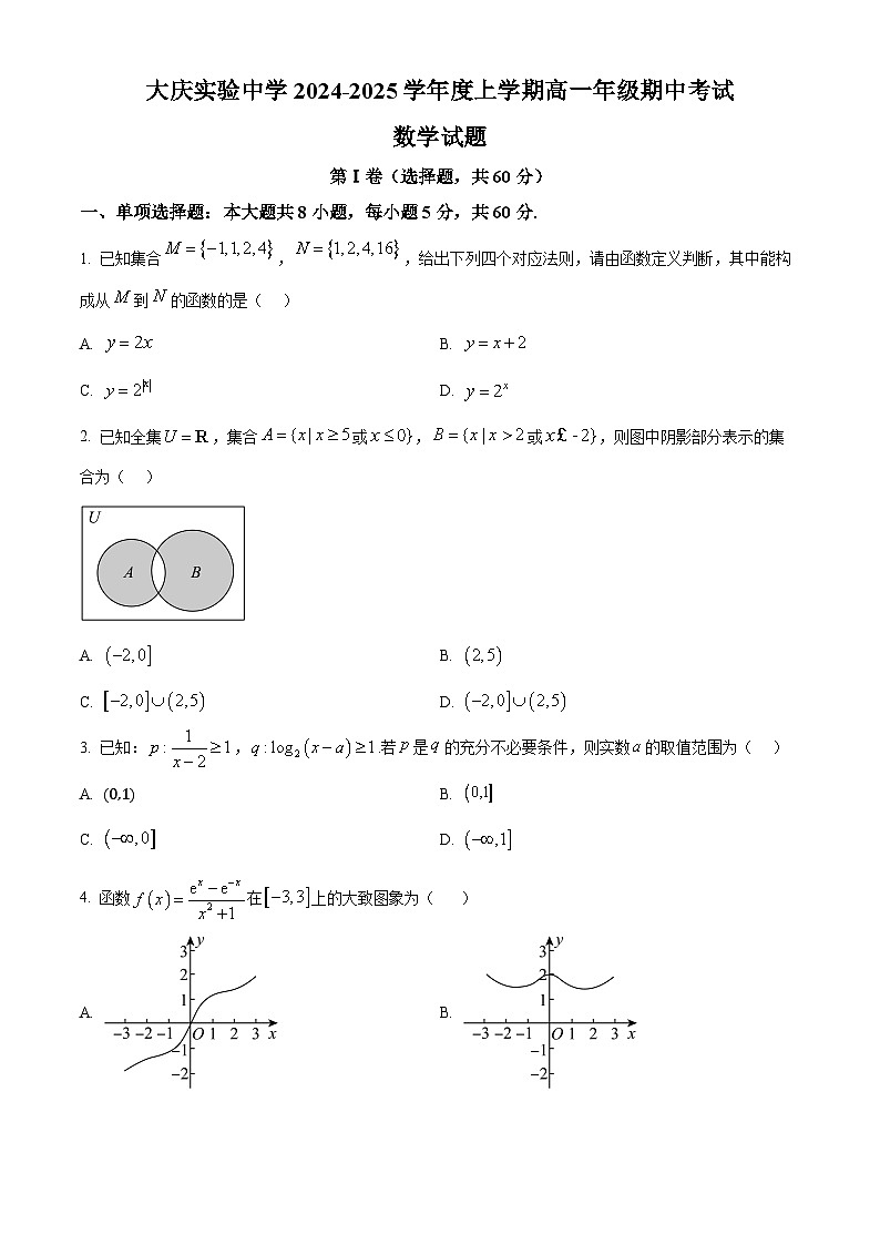 黑龙江省大庆市实验中学实验二部2024-2025学年高一上学期期中考试数学试卷 Word版无答案第1页