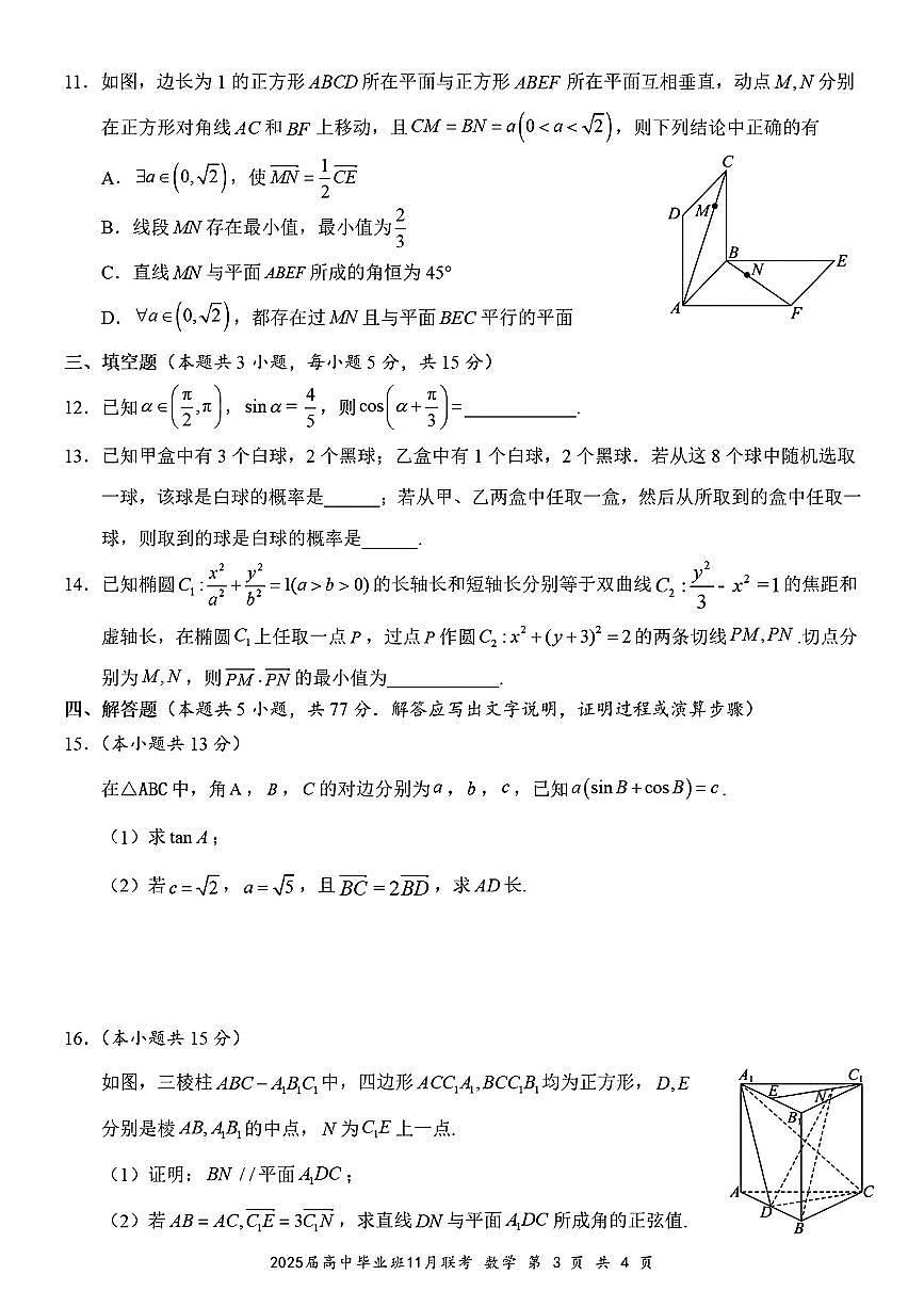 廣西新課程教研聯(lián)盟2024-2025學年高三上學期11月聯(lián)考試題數(shù)學PDF版含答案第3頁