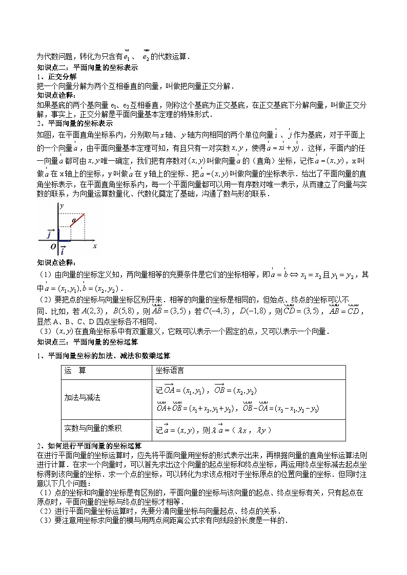 (预习课)人教A版高一数学寒假讲义第08讲 平面向量基本定理及坐标表示+巩固练习+随堂检测(教师版)第2页