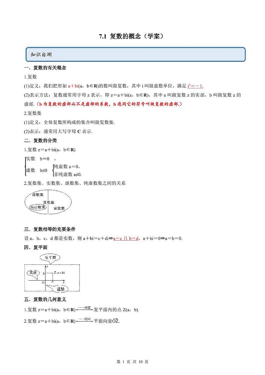 人教A版高中數(shù)學(xué)必修第二冊同步講練測 7.1 復(fù)數(shù)的概念（原卷版）第1頁